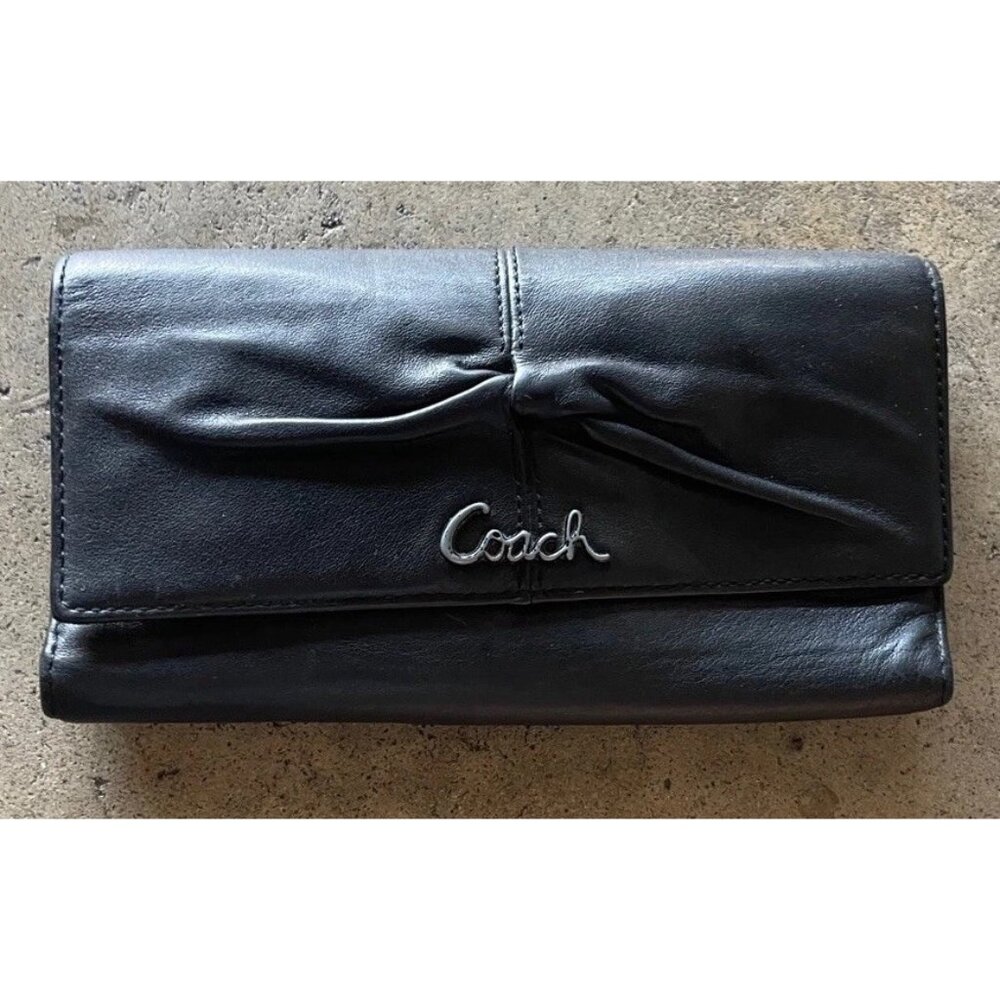 Coach Designer Black Gray Multi Pocket Flap Over Wallet Coin Zipper Pocket SZ 8”